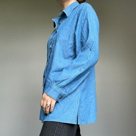 Vintage German Women's Long Sleeve Denim Button Down Oversized Shirt Blue Sz M - Picture 5 of 9